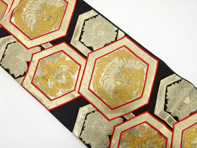 アンティーク　亀甲に鳳凰・桐・牡丹模様織り出し袋帯（着用可）